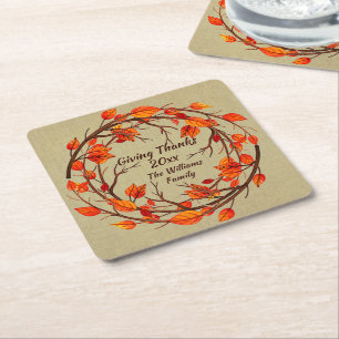 Add Name Matching Thanksgiving Autumn Square Paper Coaster