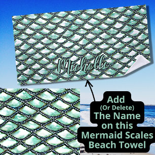Add Name, Mermaid Aqua Scales Pearl Silver Diamond Beach Towel