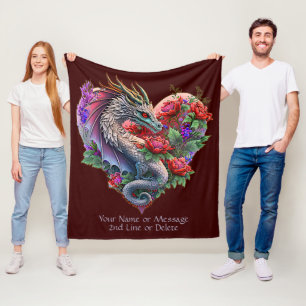 Add Name Message, Heart Dragon & Flowers, Dark Red Fleece Blanket