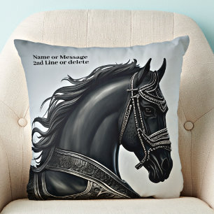 Add Name Message, Strong Black Horse with Armour Cushion