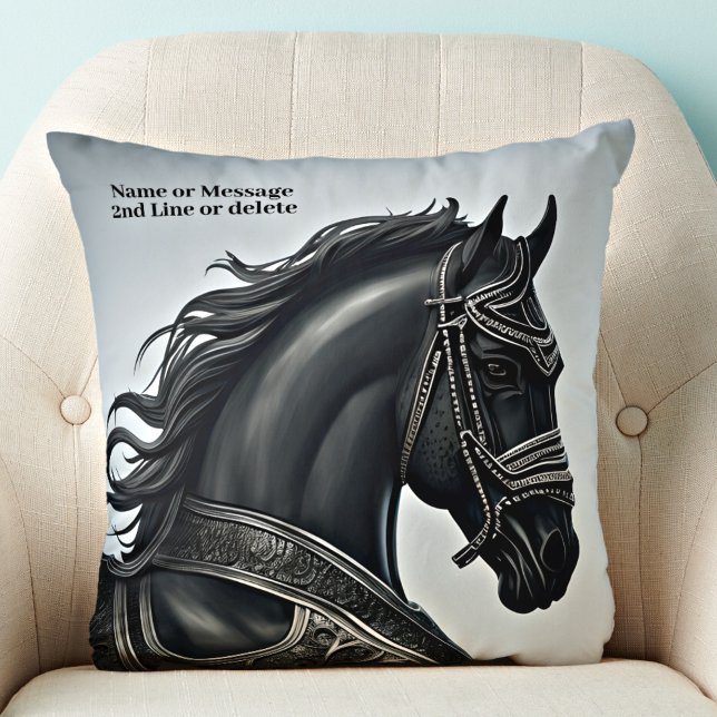 Add Name Message, Strong Black Horse with Armour  Cushion (Creator Uploaded)