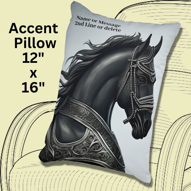 Add Name Message, Strong Black Horse with Armour Decorative Cushion (Creator Uploaded)