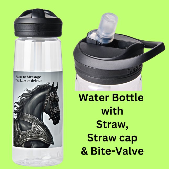 Add Name Message, Strong Black Horse with Armour Water Bottle (Creator Uploaded)