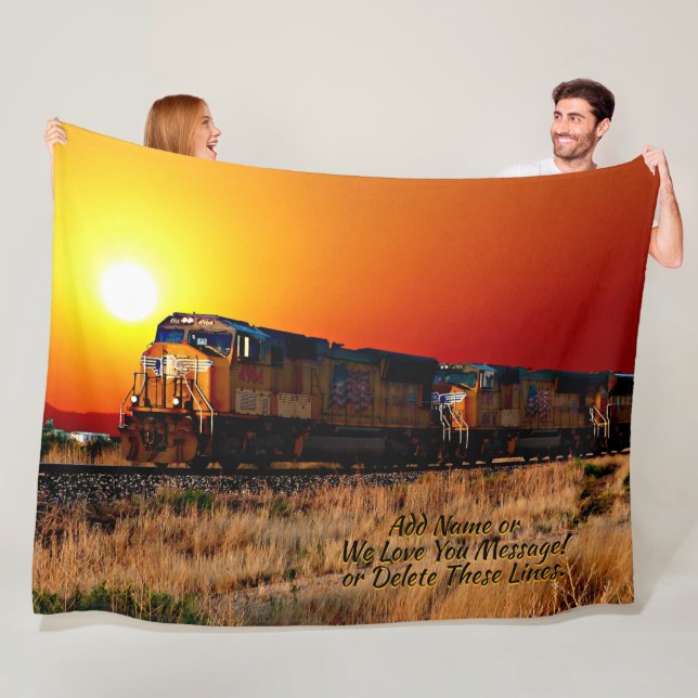 Add Name Message - Sunset Diesel Locomotive Train Fleece Blanket (In Situ)