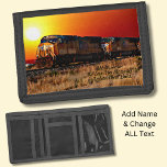 Add Name Message - Sunset Diesel Locomotive Train Trifold Wallet<br><div class="desc">UP Freight Train at Sunset -  any Diesel Train Enthusiast will love this design. -   Add a Name or Text - or delete  - See my store for more great train gifts.</div>