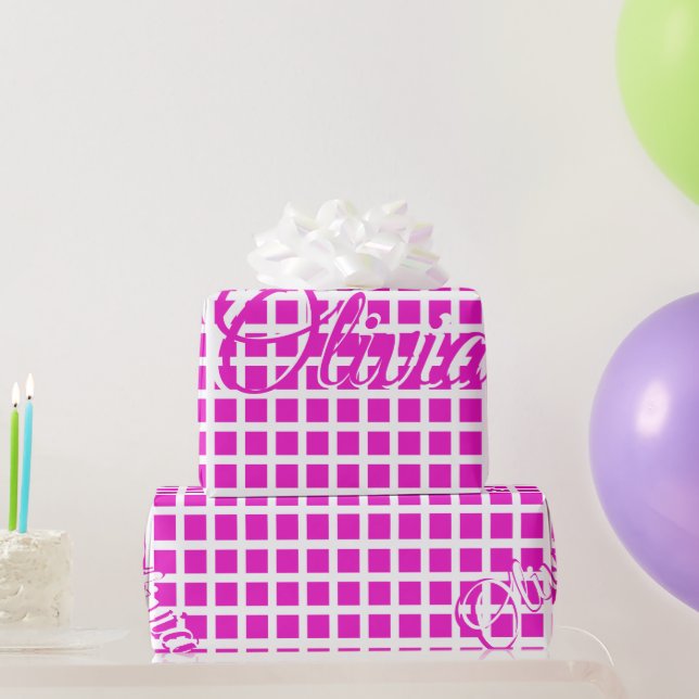 Add Name Modern Pattern White and Hot Pink Wrapping Paper (Party Gifts)