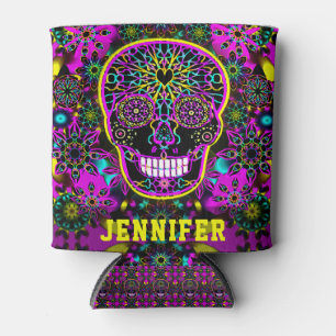 Add Name Neon Sugar Skull Artwork Can Cooler