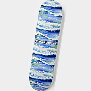 Add Name, Ocean Waves Blue White  Skateboard