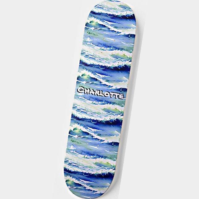 Add Name, Ocean Waves Blue White  Skateboard (Creator Uploaded)