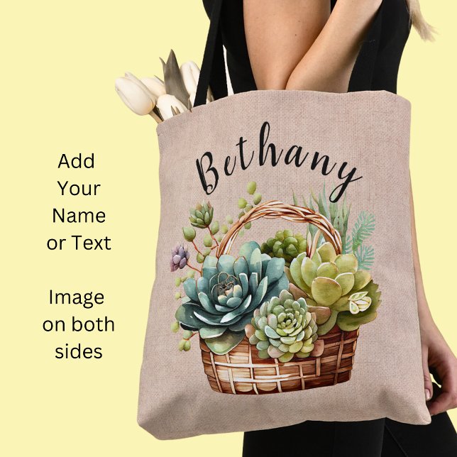 Add Name or Text, Basket of Succulent Plants Tote Bag (Creator Uploaded)