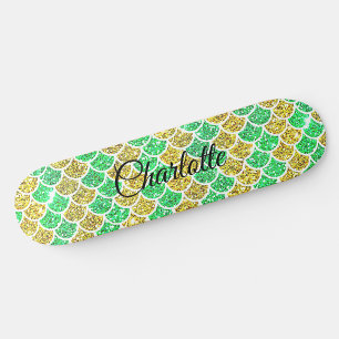 Add Name or Text Green Gold Mermaid Scales         Skateboard