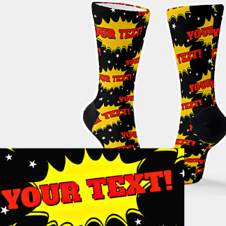 Add Name or Text Red Yellow Pop Art Burst on Black Socks