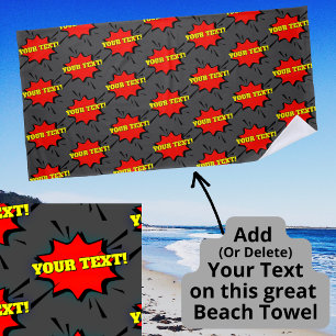 Add Name or Text Red Yellow Pop Art Burst on Grey  Beach Towel