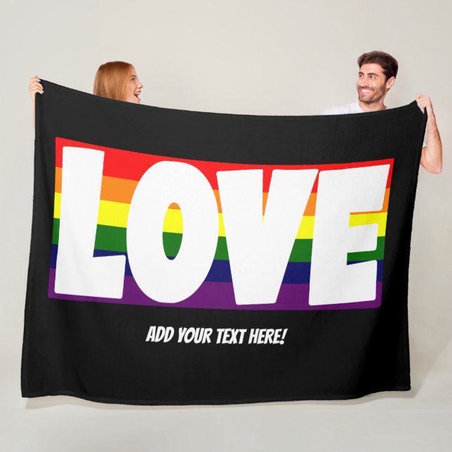 Add Name or Your Text, Love Rainbow Flag Large Fleece Blanket (In Situ)