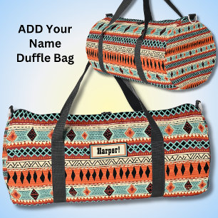Add Name, Orange Aqua Brown Geometric Western Duffle Bag