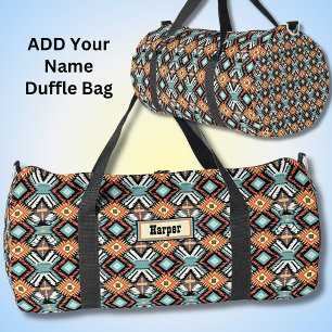 Add Name, Orange Aqua Brown Geometric Western Duffle Bag