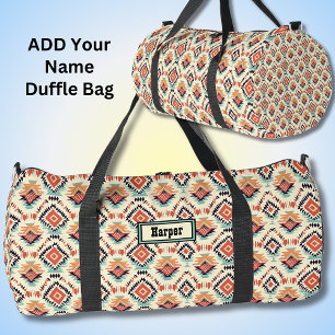 Add Name, Orange Teal Black Geometric Western Duffle Bag
