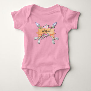 Add Name Pastel Boho Flower Arrows Pink  Baby Bodysuit