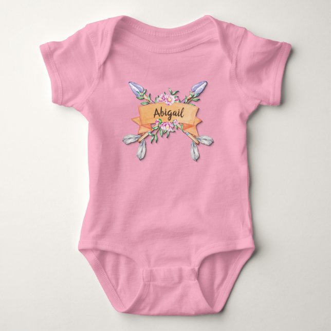 Add Name Pastel Boho Flower Arrows Pink  Baby Bodysuit (Front)