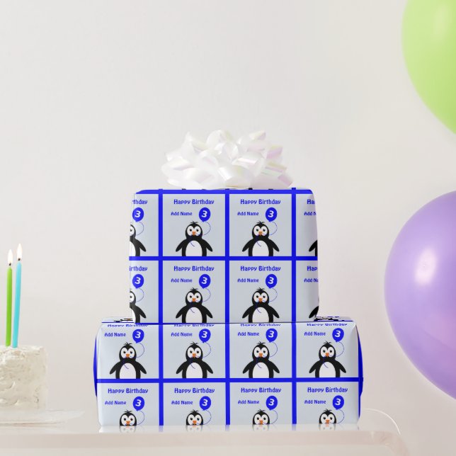 Add name penguin 3rd birthday blue wrapping paper (Party Gifts)