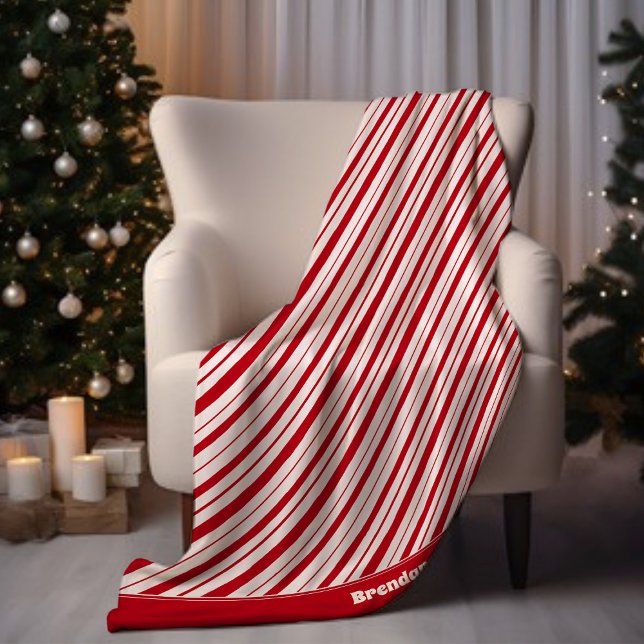 Add Name Peppermint Stripe Classic Fun Christmas Fleece Blanket (Creator Uploaded)