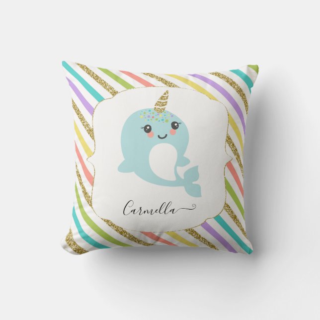 Add Name Personalised Narwhal Rainbow Gold Glitter Cushion (Front)