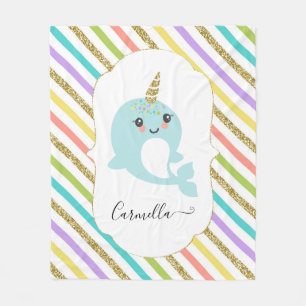 Add Name Personalised Narwhal Rainbow Stripes Gold Fleece Blanket