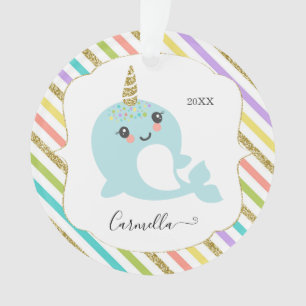 Add Name Personalised Narwhal Rainbow Stripes Gold Ornament