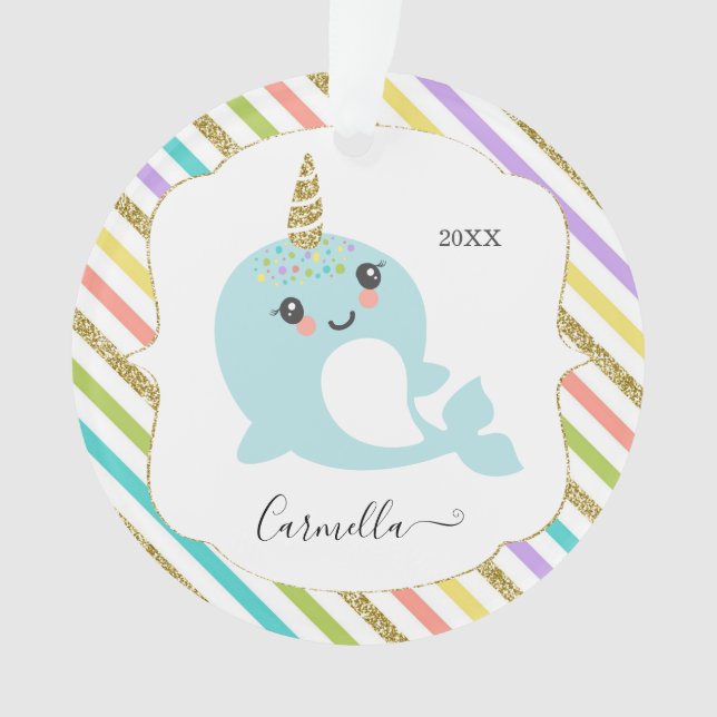 Add Name Personalised Narwhal Rainbow Stripes Gold Ornament (Front)