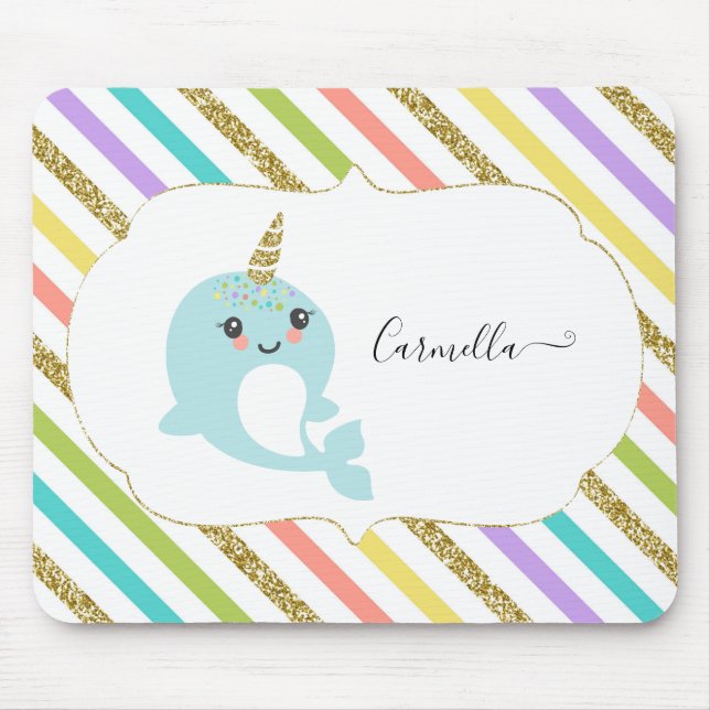 Add Name Personalised Rainbow Narwhal Gold Glitter Mouse Pad (Front)