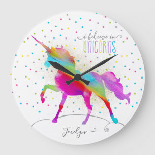 Add Name Personalised Rainbow Unicorn Gold Glitter Large Clock