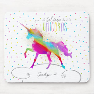 Add Name Personalised Rainbow Unicorn Gold Glitter Mouse Pad