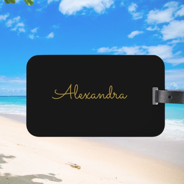 Add name Personalized black simple Gold Luggage Tag (Creator Uploaded)