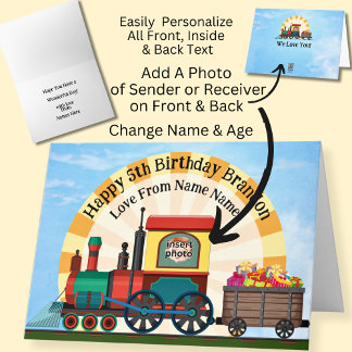 Add Name Photo Image Child's Steam Train Boy's Card