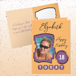 Add name photo orange purple 18th birthday card