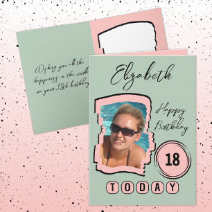 Add name photo pink green 18th birthday card