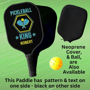 Add Name, Pickleball KING, Blue Yellow on Black Pickleball Paddle