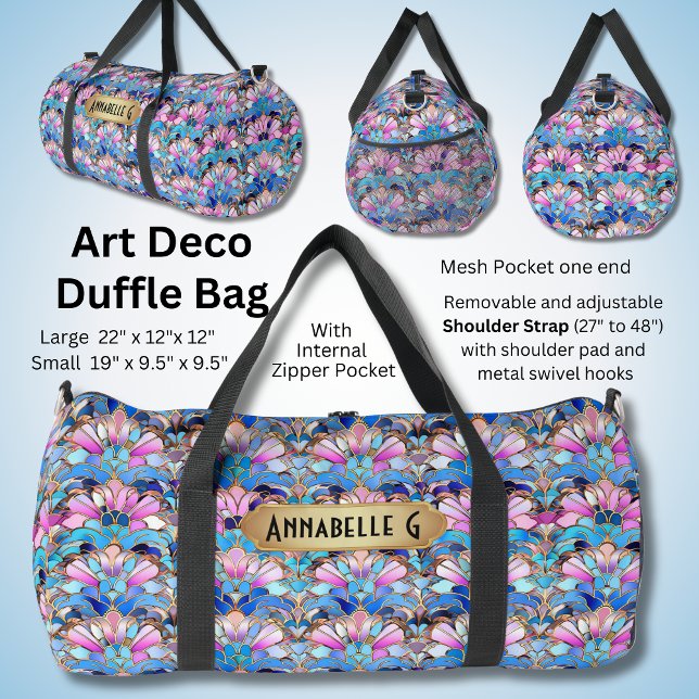 Add Name Pink Blue Art Deco Abstract Flowers Duffle Bag (Creator Uploaded)