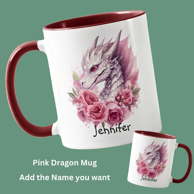 Add Name, Pink Dragon with Flowers Mug (Creator Uploaded)