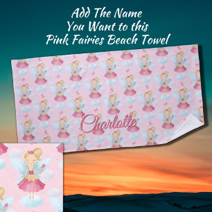 Add Name, Pink Fairy with Wand & Blue Wings        Beach Towel