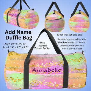 Add Name, Pink Green Gold Brush Strokes Stars Duffle Bag