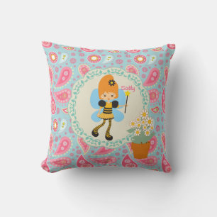 Add name Pretty bee Fairy pink  paisley girls room Cushion