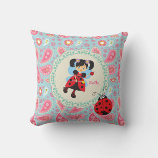 Add name Pretty ladybug Fairy pink  paisley Cushion
