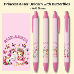 Add Name Princess & Her Unicorn & Butterflies Pink Black Ink Pen<br><div class="desc">Add the Name,    Change to your own details. See my store for lots more great Pens</div>
