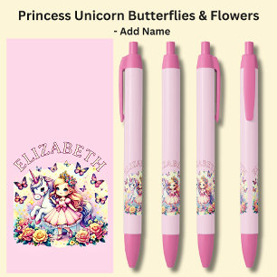 Add Name Princess with Unicorn Butterflies Flowers Black Ink Pen