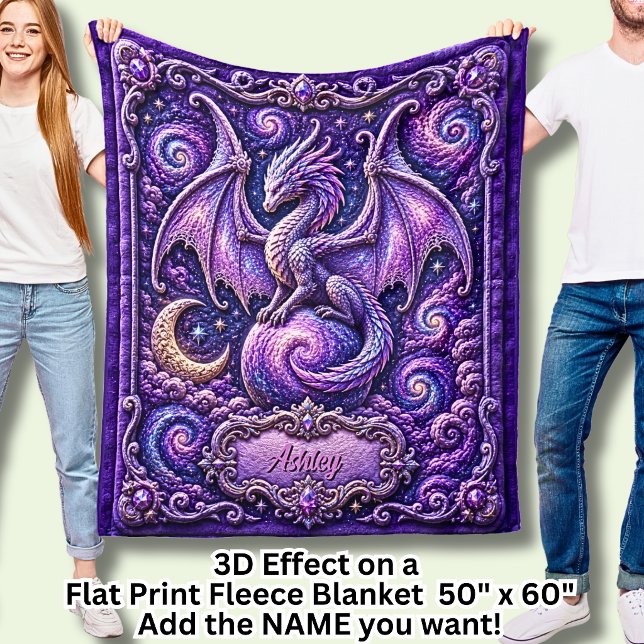 Add Name Purple Galaxy Dragon 3D Effect  Fleece Blanket (Creator Uploaded)