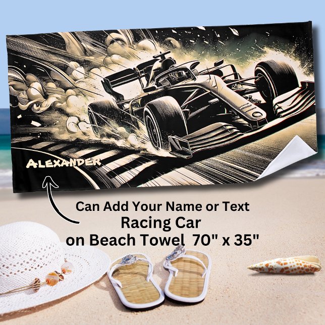 Add Name, Racing Car Kicking Up Dust Beach Towel (Creator Uploaded)