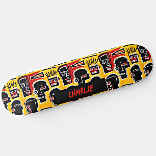 Add Name, Red Black Abstract Heads on Yellow Skateboard