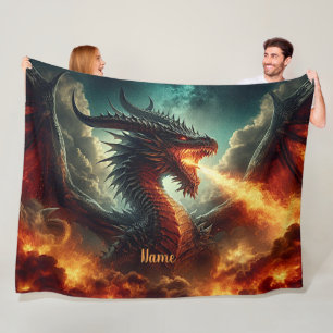 Add Name, Red Orange Yellow, Fire Breathing Dragon Fleece Blanket