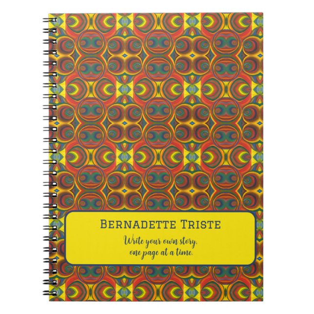 Add Name Red Yellow Orange Owl Inspired Pattern Notebook (Front)